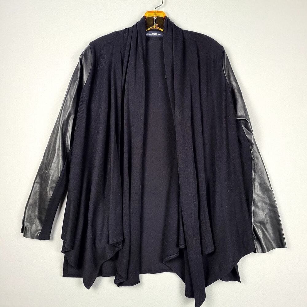 Zara Knit Women's M Black Drape Front Coatigan Jacket with Faux Leather Sleeves